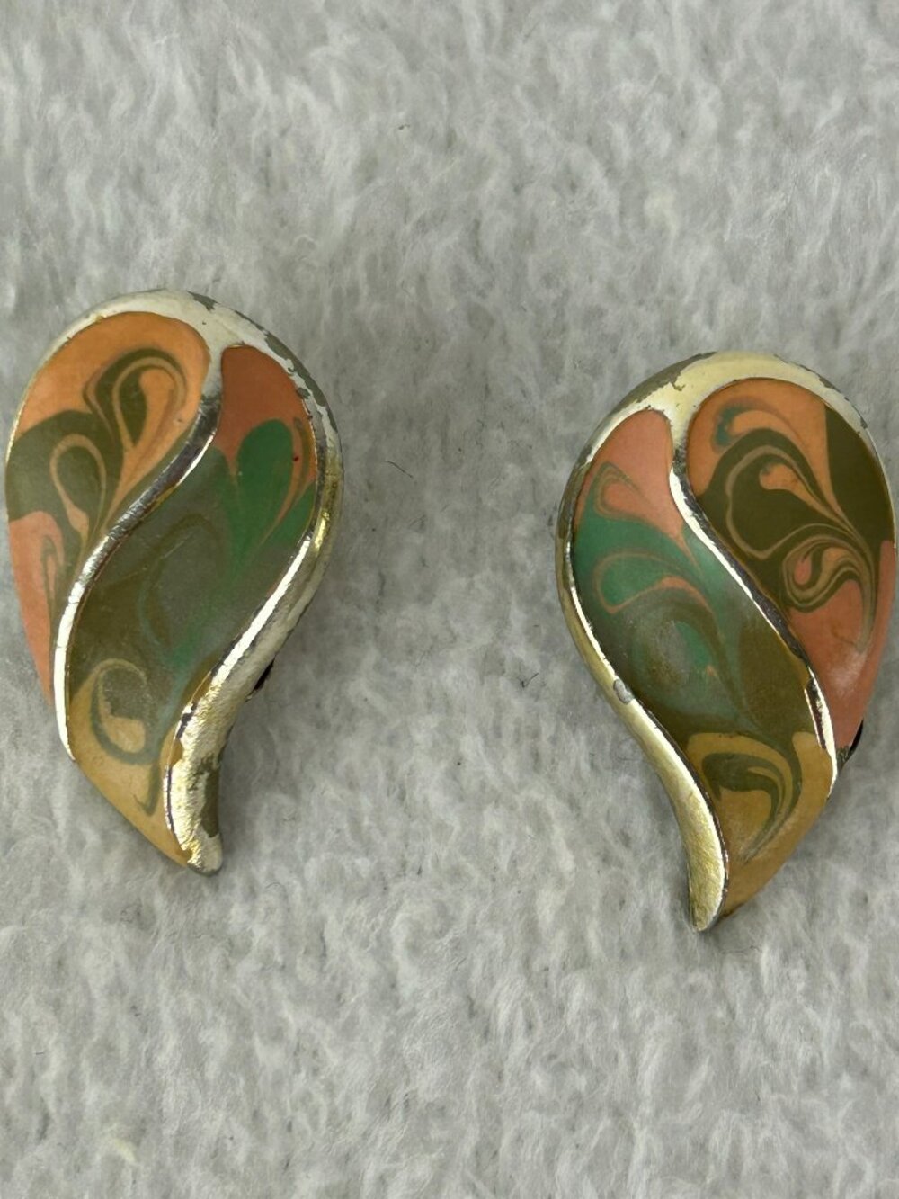 VTG 80s FALL COLOR ASYMMETRICAL TEARDROP ENAMEL GOLD ART EARRINGS